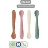 Meleni Baby 4'lü Silikon Mama Kaşığı - Diş Kaşıyıcı Bebek Beslenme Kaşığı Silikon Kaşık Kahve, Pembe, Bej, Yeşil