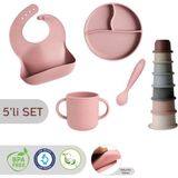 Meleni Baby 5'li Set Silikon Mama Önlüğü Kulplu Bardak Vakumlu Tabak Mama Kaşığı ve Kule Aktivite Oyuncağı Pembe