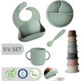 Meleni Baby 5'li Set Silikon Mama Önlüğü Kulplu Bardak Vakumlu Tabak Mama Kaşığı ve Kule Aktivite Oyuncağı Yeşil