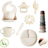 Meleni Baby 8'li Set - Silikon Mama Önlüğü Bardak Vakumlu Tabak Mama Kaşığı 3'lü Dişlik ve Kule Oyuncağı Bej