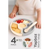 Meleni Baby Puzzle Mama Tabağı Kaşık Seti - Silikon Vakum Tabanlı Yapboz Mama Tabağı Silikon Kaşık - Gri Bej