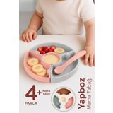 Meleni Baby Puzzle Mama Tabağı Kaşık Seti - Silikon Vakum Tabanlı Yapboz Mama Tabağı Silikon Kaşık - Gri Pembe