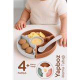 Meleni Baby Puzzle Mama Tabağı Kaşık Seti - Silikon Vakum Tabanlı Yapboz Mama Tabağı Silikon Kaşık - Kahve Gri