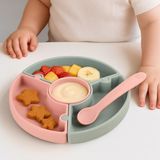 Meleni Baby Puzzle Mama Tabağı Kaşık Seti - Silikon Vakum Tabanlı Yapboz Mama Tabağı Silikon Kaşık - Yeşil Pembe