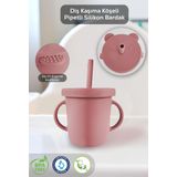 Meleni Baby Sızdırmaz Kapaklı , Silikon Pipetli Bebek Alıştırma Bardağı, Silikon Bebek Beslenme Bardağı- Pembe