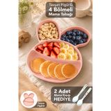 Meleni Baby Tavşan Figürlü Beslenme Seti - 4 Bölmeli Bebek Yemek Kabı Pembe 2 Adet Mama Kaşığı Hediyeli