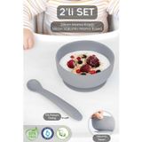 Meleni Baby Vakumlu Silikon Bebek Mama Kasesi - Vakum Tabanlı Silikon Kase - Silikon Diş Kaşıyıcı Kaşık - Gri