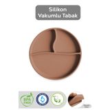 Meleni Baby Vakumlu Silikon Bebek Mama Tabağı - Bölmeli Vakum Tabanlı Tabak Bebek Beslenme Tabağı - Kahverengi