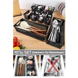 Meleni Home 10 Parça Modüler Çekmece İçi Organizer Set - Banyo Mutfak Makyaj Aksesuar Ofis Düzenleyici Siyah