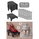 Meleni Home 10'lu Set - 5 Adet Çiftli Ayakkabı Rampası Ve 5 Adet Ayakkabı Düzenleyici Hurc Siyah