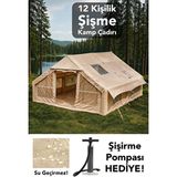 Meleni Home 12 Kişilik Şişme Kamp Çadırı - 4 Mevsim Su Geçirmez Pencereli Kamp Çadırı 300X400 cm - Bej