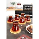 Meleni Home 12 Parça Borosilikat Cam Tombul Çay Bardağı Seti - Bambu Bardak Altlığı Kulplu Çay Bardağı 200 ml