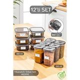 Meleni Home 12 Parça Etiketli Kare Plastik Erzak ve Bakliyat Saklama Kabı ve Baharatlık 6X(300-350 Ml) Antrasit