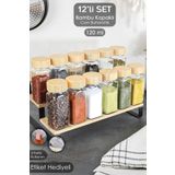 Meleni Home 12'li Bambu Kapaklı Cam Baharatlık Seti - Etiketli Tuzluk Biberlik Köşeli Baharat Takımı 120 ml