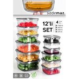 Meleni Home 12'li Kare Sızdırmaz Saklama Kabı Seti - Düzenleyici Erzak Kabı 3x(275-500-850-1350)ml Antrasit