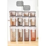 Meleni Home 12'li Melly Baharatlık Erzak Saklama Kabı - Kapaklı Kare Baharat Takımı 4x 0,50 Lt-1,10 Lt-1,70 Lt