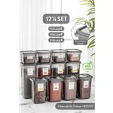 Meleni Home 12'li Set Pino Etiketli Kare Erzak Saklama Kabı Seti Antrasit 4x(0,50 LT-1,10 LT -1,70 LT)
