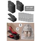 Meleni Home 15'li Set - 10 Adet Ayarlı Ayakkabı Rampası ve 5 Adet Ayakkabı Düzenleyici Saklama Hurcu