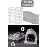 Meleni Home 15'li Set - 10 Adet Erkek Ayakkabı Kutusu ve 5 Adet Ayakkabı Saklama Hurcu Düzenleyici Organizer