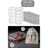 Meleni Home 15'li Set - 10 Adet Kadın Ayakkabı Kutusu Ve 5 Adet Ayakkabı Saklama Hurcu Düzenleyici Organizer Şeffaf