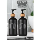 Meleni Home 2 Adet Banyo Sıvı Sabunluk - Cam Losyon Şampuan Şişesi 500 ml - Siyah