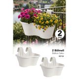 Meleni Home 2 Adet Çizgi Desenli Balkon Saksısı - 2 Bölmeli Dekoratif Plastik Bahçe Çiçek Saksısı 6,5Lt Beyaz