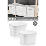 Meleni Home 2 Adet Kapaklı Dekoratif Piramit Saklama Kutusu - Dolap Düzenleyici Organizer Kutu 5 Litre Beyaz