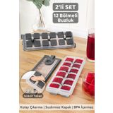 Meleni Home 2 Adet Silikon Bas Çıkar Buzluk - 12 Hazneli Kapaklı Yapışmaz Silikon Kokteyl Sunum Buz Kalıbı Gri