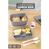 Meleni Home 2 Katlı Bölmeli Beslenme Kabı - Yemek Taşıma Saklama Kabı Diyet Lunch Box Sosluk Kaşık Çatal Gri