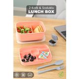 Meleni Home 2 Katlı Bölmeli Beslenme Kabı - Yemek Taşıma Saklama Kabı Diyet Lunch Box Sosluk Kaşık Çatal Pembe