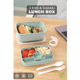 Meleni Home 2 Katlı Bölmeli Beslenme Kabı - Yemek Taşıma Saklama Kabı Diyet Lunch Box Sosluk Kaşık Çatal Yeşil
