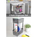 Meleni Home 2 Katlı Düzenleyici Mutfak Banyo Rafı - Tezgah Altı Evye Altı Dolap Organizer Deterjanlık Gri