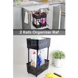 Meleni Home 2 Katlı Düzenleyici Mutfak Banyo Rafı - Tezgah Altı Raf Evye Altı Dolap Organizer Deterjanlık Siyah