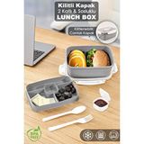 Meleni Home 2 Katlı Kilitli Kapak Yemek Kabı - Bölmeli Lunch Box Diyet Beslenme Kutusu Sosluk Çatal Kaşık Gri