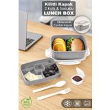 Meleni Home 2 Katlı Kilitli Kapak Yemek Kabı - Bölmeli Lunch Box Diyet Beslenme Kutusu Sosluk Çatal Kaşık Gri