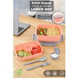 Meleni Home 2 Katlı Kilitli Kapak Yemek Kabı - Bölmeli Lunch Box Diyet Beslenme Kutusu Sosluk Çatal Kaşık Pembe