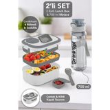 Meleni Home 2 Katlı Lunch Box & 700 ml Matara - 6 Bölmeli Kilitli Kapak Yemek Kabı ve Taşıma Kulplu Suluk Gri