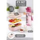Meleni Home 2 Katlı Lunch Box & 700 ml Matara - 6 Bölmeli Kilitli Kapak Yemek Kabı ve Taşıma Kulplu Suluk Pembe