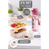 Meleni Home 2 Katlı Lunch Box & 700 ml Matara - 6 Bölmeli Kilitli Kapak Yemek Kabı ve Taşıma Kulplu Suluk Pembe