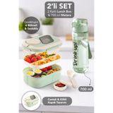 Meleni Home 2 Katlı Lunch Box & 700 ml Matara - 6 Bölmeli Kilitli Kapak Yemek Kabı ve Taşıma Kulplu Suluk Yeşil