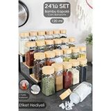 Meleni Home 24'lü Bambu Kapaklı Cam Baharatlık Seti - Etiketli Tuzluk Biberlik Köşeli Baharat Takımı 120 Ml Şeffaf
