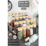 Meleni Home 24'lü Bambu Kapaklı Cam Baharatlık Seti - Etiketli Tuzluk Biberlik Köşeli Baharat Takımı 120 ml