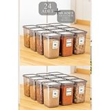 Meleni Home 24'lü Set Etiketli Büyük Boy Kare Erzak Saklama Kabı Seti Antrasit 24 X 1.10 Lt