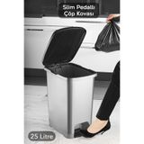Meleni Home 25 Litre Pedallı Gri Banyo Mutfak Çöp Kovası Siyah Kapaklı Slim Pedallı Çöp Kovası