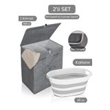 Meleni Home 2bölmeli Çamaşır Sepeti Çok Amaçlı Saklama Hurç Gri 53X33X60CM-25LT Katlanır Çamaşır Selesi 2'li Set
