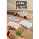 Meleni Home 2'li 21 Bölmeli Sızdırmaz Kilitli Buz Kalıbı Seti - Kapaklı Hava Geçirmez Buzluk - Vakumlu Buz Kabı
