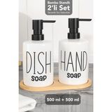 Meleni Home 2'li 500 ml Seramik Sıvı Sabunluk Seti - Bambu Standlı Sıvı Sabun Şişesi Bulaşık Deterjanlık Beyaz