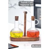 Meleni Home 2'li Ahşap Standlı Borosilikat Cam Yağdanlık Seti - Yağlık Sirkelik Zeytinyağ Sıvıyağ Şişesi 2x350ml