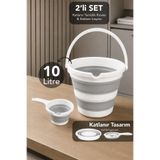 Meleni Home 2'li Akordiyon Temizlik Seti - 10Lt Temizlik Kovası Taşınabilir Su Banyo Maşrapası Gri