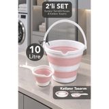 Meleni Home 2'li Akordiyon Temizlik Seti - 10Lt Temizlik Kovası Taşınabilir Su Banyo Maşrapası Pembe